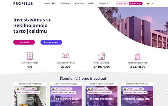 Profitus is a Lithuania-based crowdfunding platform offering diverse investment opportunities. It specializes in real estate projects and real estate-backed business loans.