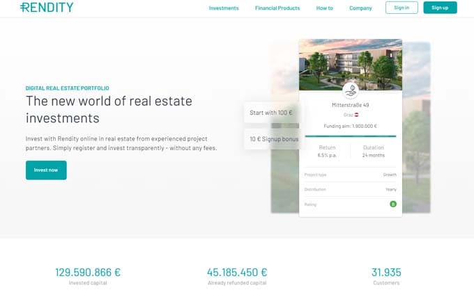 Rendity is an Austrian-based real estate crowdfunding platform that offers diverse investment opportunities. The platform emphasizes transparency and risk management, providing detailed information on projects, including location, developer background, and financial projections.
