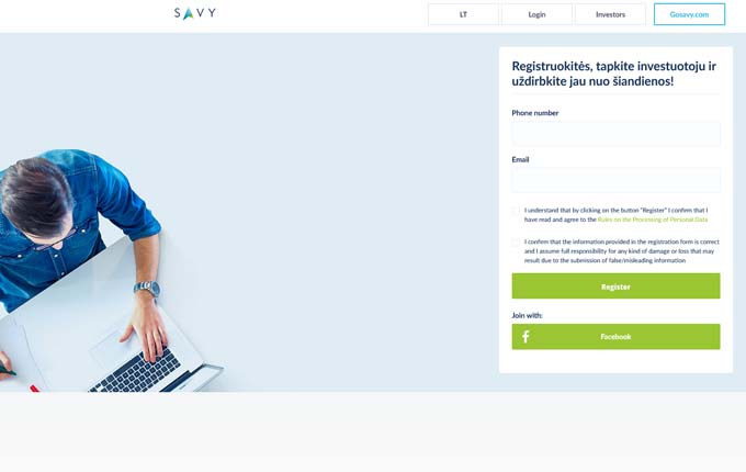 Savy is a Lithuanian P2P site that connects investors with borrowers. Founded in 2014, it offers personal, car, and business loans.